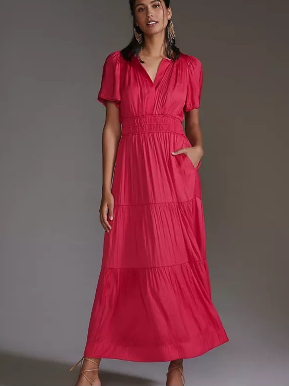NWT Anthropologie Somerset sz L Hot Pink Silky V-Neck Tiered Maxi Dress
